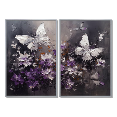 Mauve et blanc, ailes de papillon et fleurs - art mural sur toile grand floral