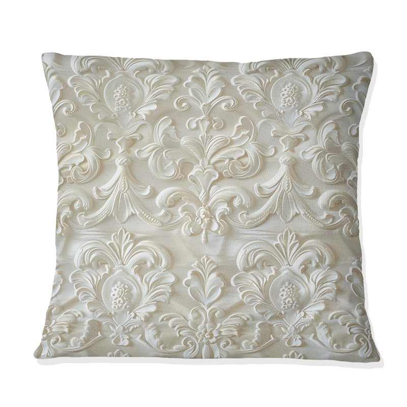 Coussin décoratif blanc à motif floral damassé blanche IV, H 16 po x l 16 po