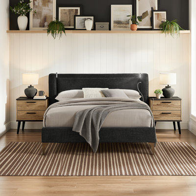 Lit tapissier très grand Sawyer avec lumière de lecture cachée et tissu chenille ports USB A + C, noir