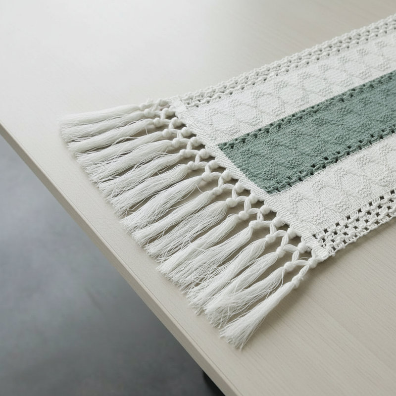 Green Tassel Table Runner, 12 X 72 Inches, Rustic Bohemian Style, Exquisite Decoration For Home Parties And Dining Tables.
