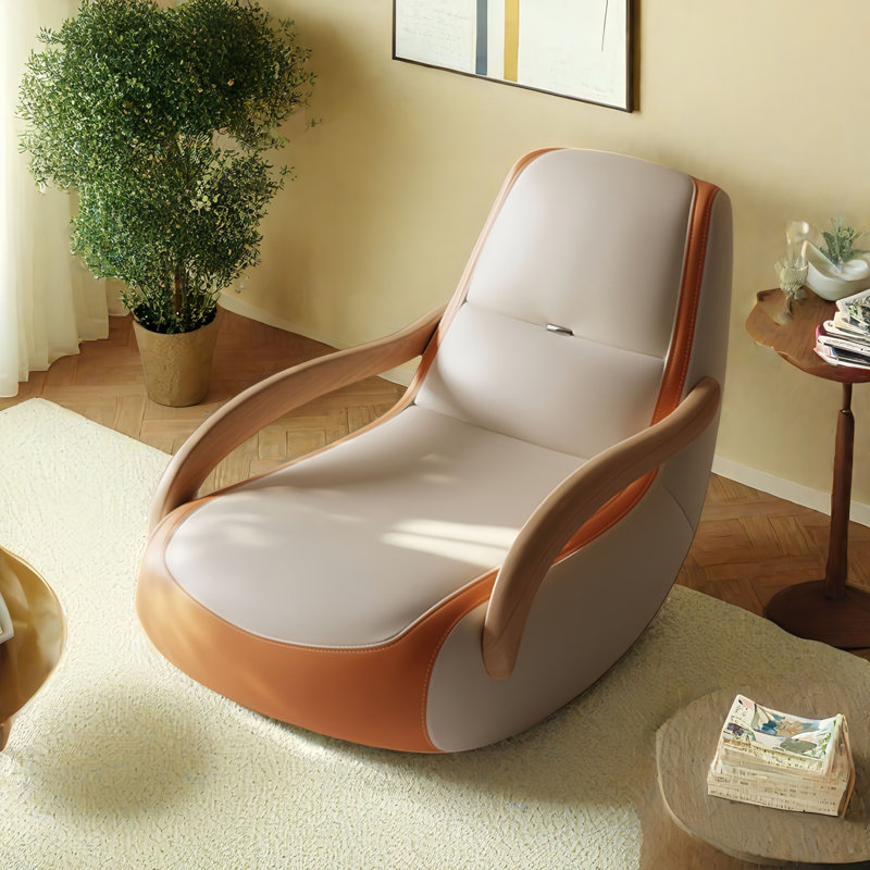 Chaise berçante moderne en bois massif rembourré, Blanc cassé