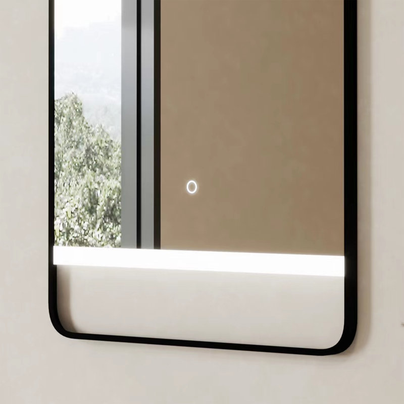 Brinkema Miroir de Salle de Bain DEL 24 po x 29,4 po avec Cadre d'Aluminium Noir Mat Haut de Gamme - Miroir Intelligent Anti-Buée à Coins Arrondis avec Contrôle par Capteur Tactile et Éclairage Blanc Froid 6000K