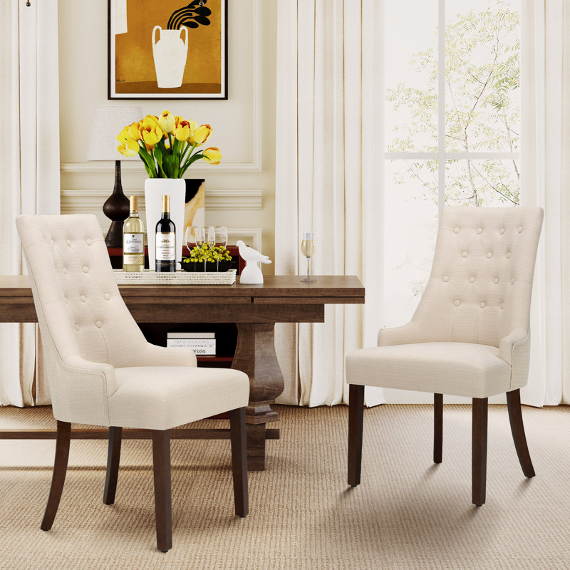 Set of 2 Wingback Dining Chairs, Solid Wood Frame with Linen-Textured Upholstery & Tufted Back, Beige
