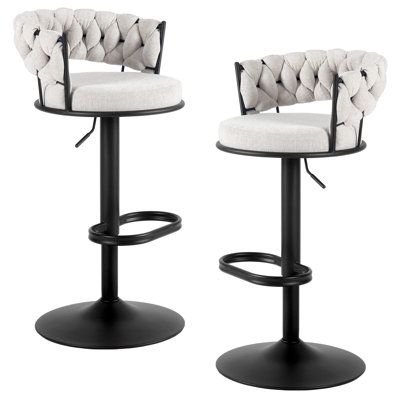 Modern Woven Fabric Tufted Back Swivel Bar Stools With Adjustable Height Black Metal Base And Footrest Stylish Stools For Kitchen Counter Breakfast Bar Or Home Bar, Set Of 2
