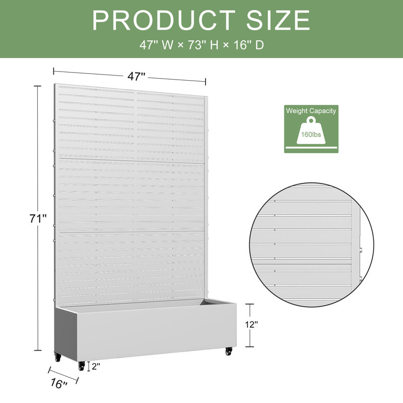 Metal Planter Box with Trellis with Wheels, White, 72" H x 47" W x 16" D