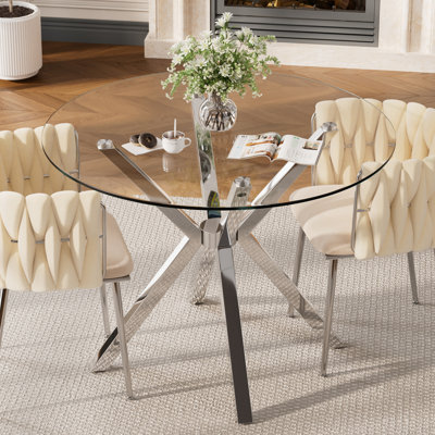 36'' Wide Modern Pedestal Dining Table with Tempered Glass and Metal Base for Dining Room