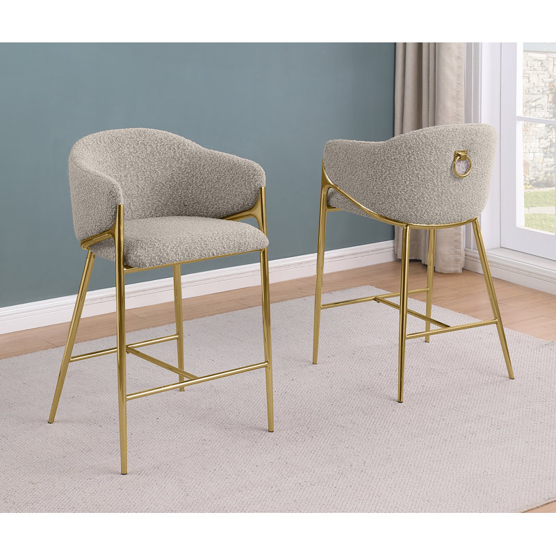 Tabourets de bar en tissu Teddy Boucle, Tabouret de comptoir (siège d'une hauteur de 26 p, Siège gris / cadre doré