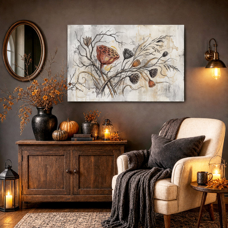 Aquarelle sur toile, cosses de lotus séchées, H 12 po x l 18 po