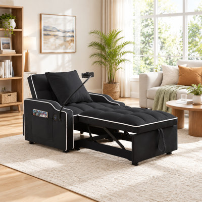 Fauteuil-lit convertible 3 en 1 en velours avec port USB-C et support pour téléphone, inclinable et réglable pour petits espaces, noir
