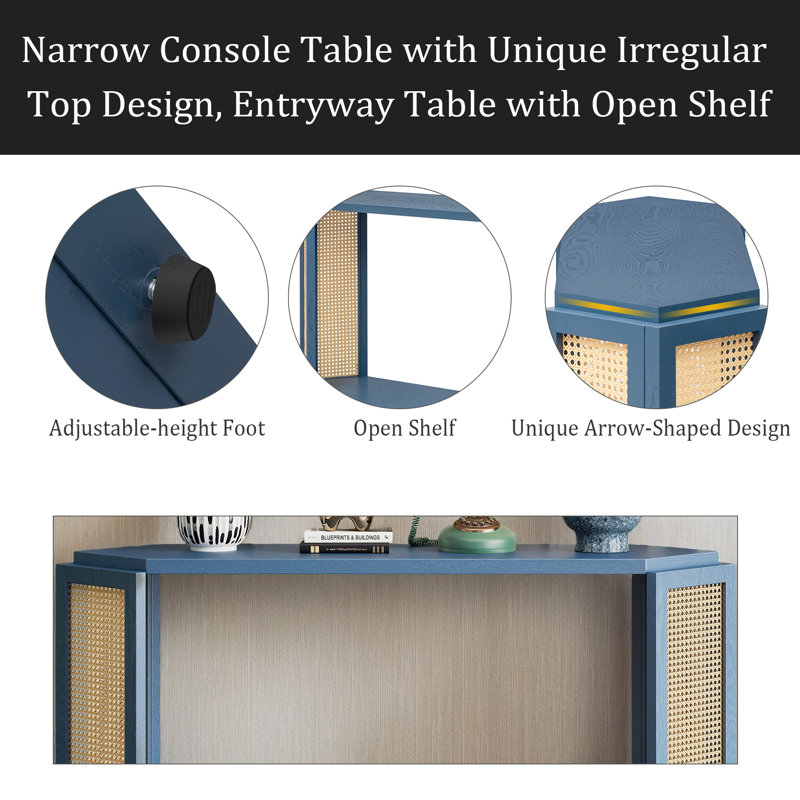 Console étroite avec un dessus irrégulier unique, une table d'entrée avec une tablette ouverte, un canapé en rotin pour le couloir du salon et l'entrée