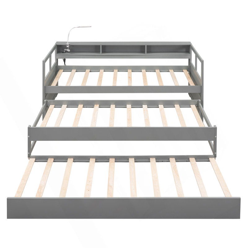 Twin XL Wood Daybed With 2 Trundles, 3 Storage Cubbies, 1 Light For Free And USB Charging Design, Gray