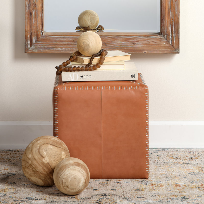 Small Buff Brown Leather Ottoman with Whipstitch