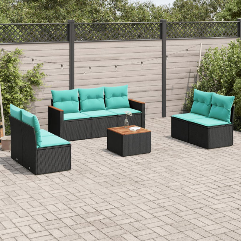 Ensemble de canapé de patio 8 pièces avec coussins en rotin de polyester, Bleu clair, Noir
