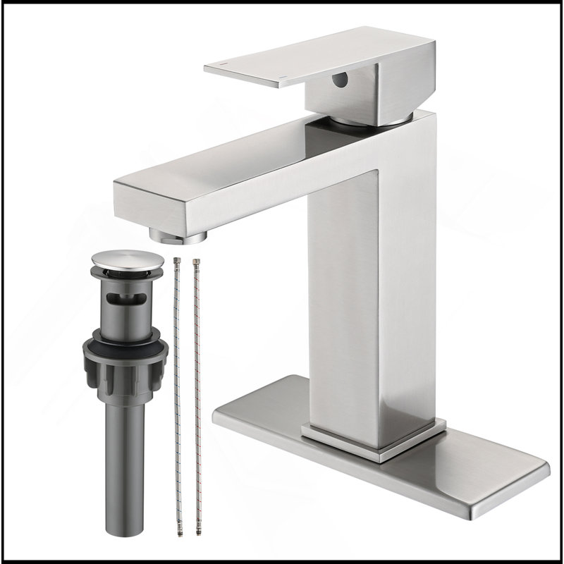 Robinet de salle de bain à un trou, robinet à poignée simple en acier inoxydable pour lavabo de salle de bain avec plaque de pont et ensemble de drain