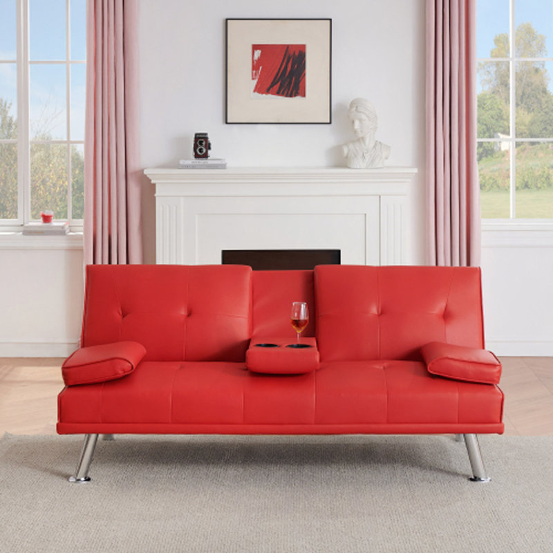 Canapé-lit pliant double en cuir rouge 67 pouces avec table basse pour bureau, Rouge