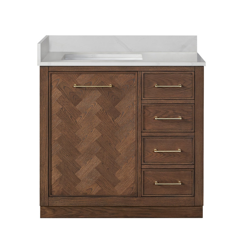 Meuble-lavabo simple 36 po avec plateau en pierre de quartz blanc Jakarta, Chêne brun foncé vieilli, Or brossé