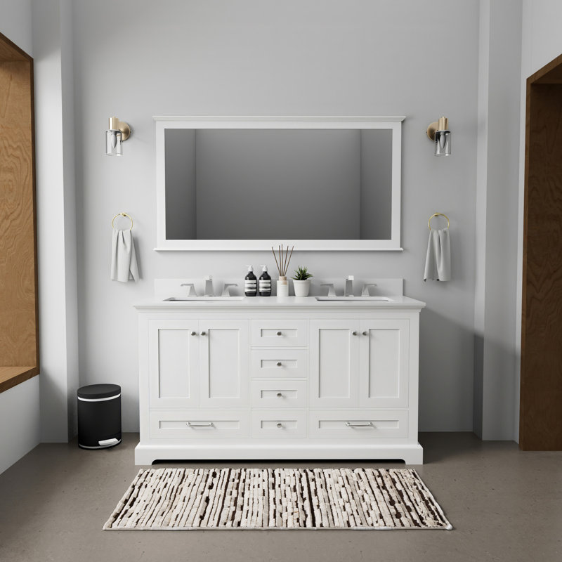 Espresso Double Bath Vanity 60 in. W x 22 in. D, Cultured Marble Top, and 58 in. Mirror, White