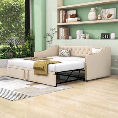 Twin Velvet Upholstered Daybed with Pop Up Trundle, Featuring Soft Backrest
