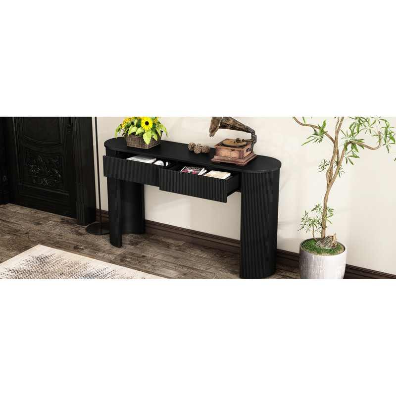 Console noire cannelée pour le vestibule, rangement pour petits articles à 2 tiroirs, surface ovale, entrée courbée de style colonne avec rangement dissimulé pour les articles du quotidien, les pieds et les articles