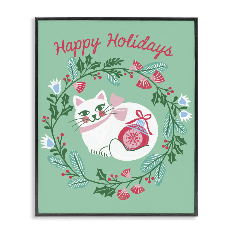 Joyeuses fêtes, chat et couronne, estampe numérique, conception de Riley Hutchens, Giclée encadrée noir minuit