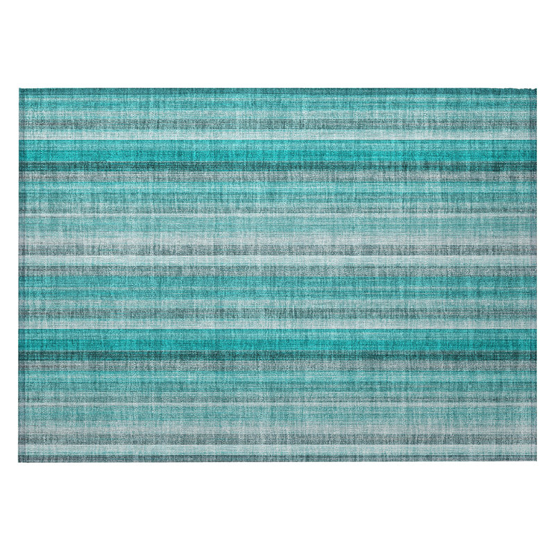 2' X 3' Teal and Grey Striped Washable Non Skid Indoor Outdoor Area Rug