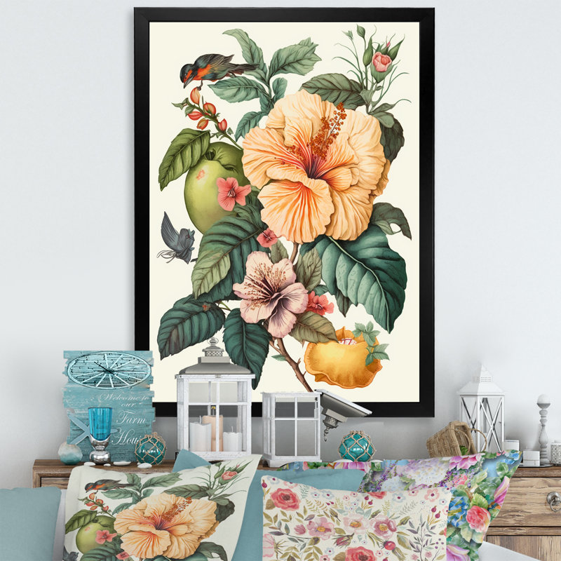«Blossiming Yellow Retro Hibiscus IV - Floral Hibiscus, art mural sur toile, Cadre photo noir, H 20 po x l 12 po x P 1 po