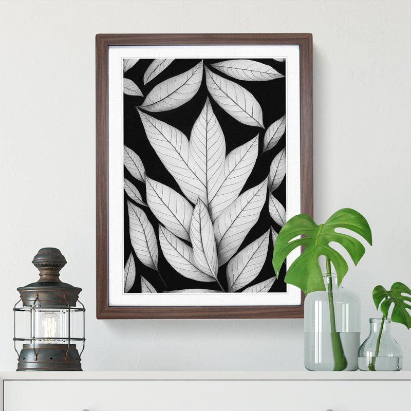 A Monochrome Leaves No.3 - Wall Art, 64cm H x 46cm W x 2cm D, Walnut Framed