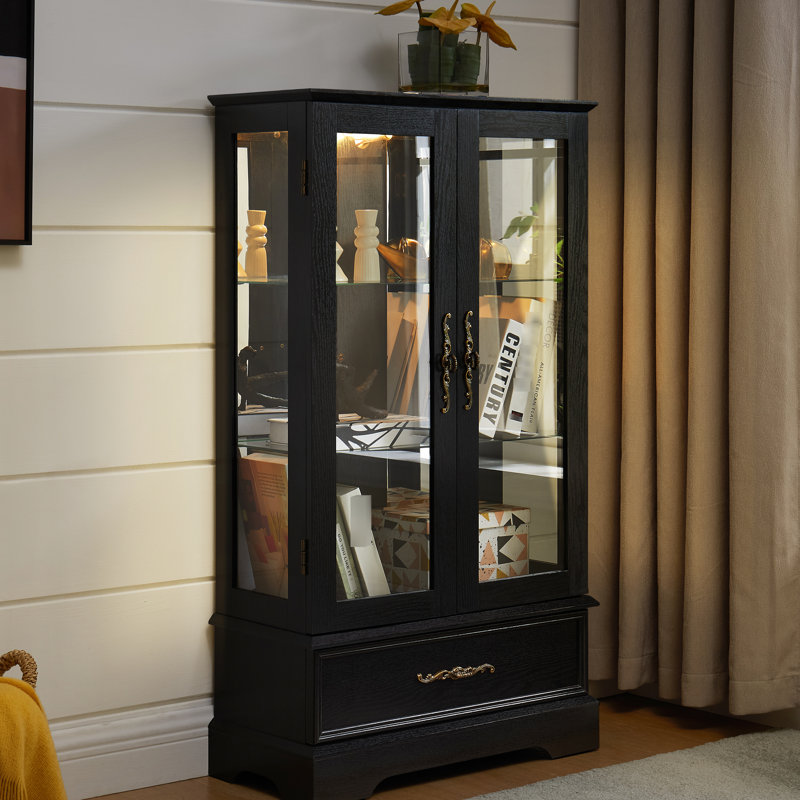 Retro - Style Glass Cabinet With Graceful Curved Legs And Chic Metal Handles, Black, For Hallway At Home Lighted Display 360° Mirrored Back 1 Fixed Wood Shelf, Memorabilia