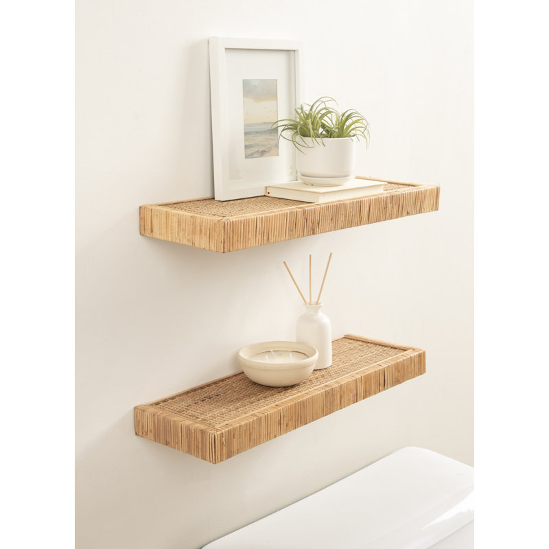 Natural Rattan Floating Shelves Set for Coastal Decor