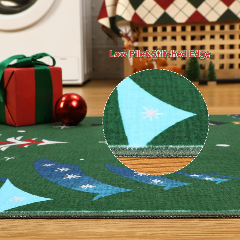 Runner Rug, Washable Rug for Home Decor, Indoor Non Slip Carpet, Soft Low Pile Christmas Rugs with Xmas Tree Motif for Kitchen, Entryway, Living Room, Bedroom