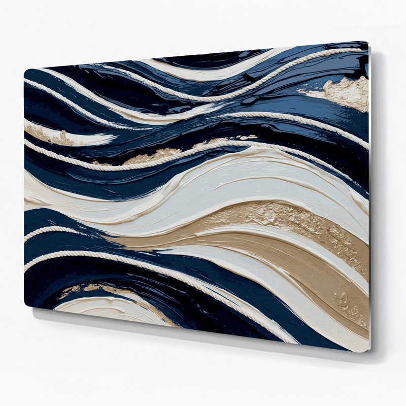 Art mural horizontal rayé bleu marine en métal crème, H 24 po x l 36 po