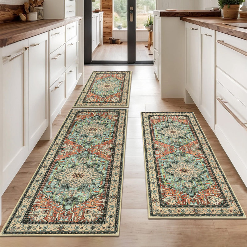 Faux Nylon Pile Non-Slip Washable Kitchen Mats (Set of 3), Orange