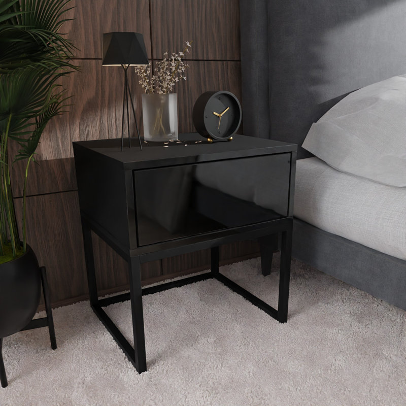 Varonique 1 Drawer Bedside Table, Black, Black