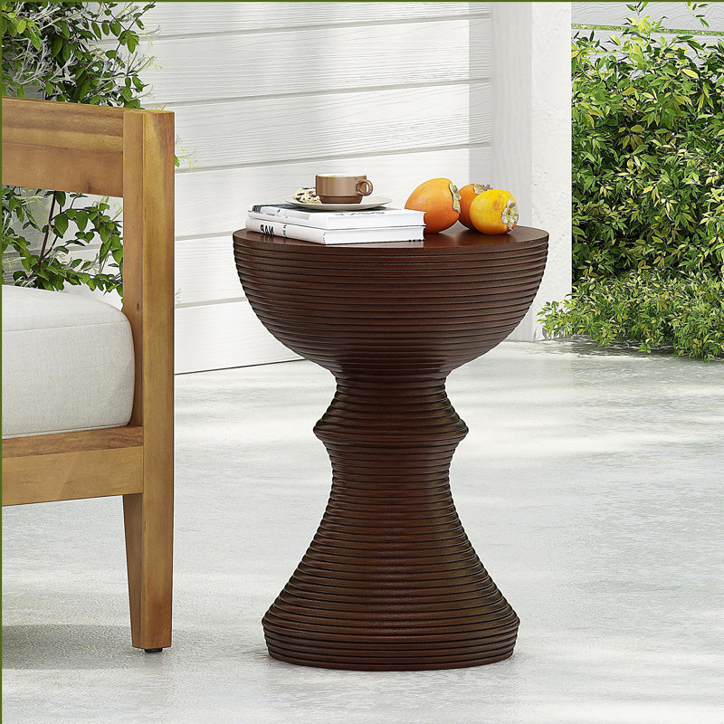 16" Ribbed Brown Concrete Outdoor Side Table with Hourglass Design – Weather-Resistant Accent for Patio, Garden, or Balcony