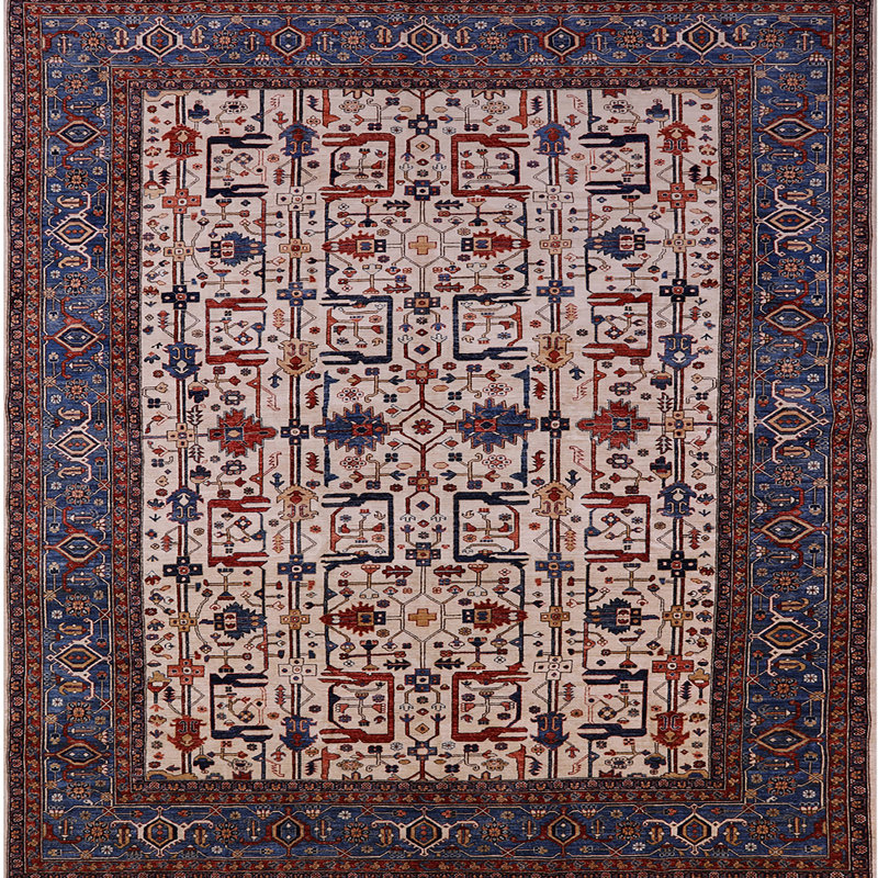 Tapis oriental rouge / bleu / crème Harlowton, Carré 8 pi