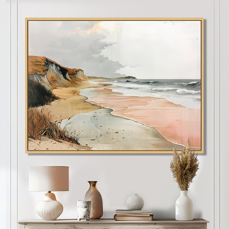 «Avaiya Bold Rose Sand Beach Horizon II», art mural vagues côtières, H 24 po x l 32 po, Cadre flottant, Argent argent