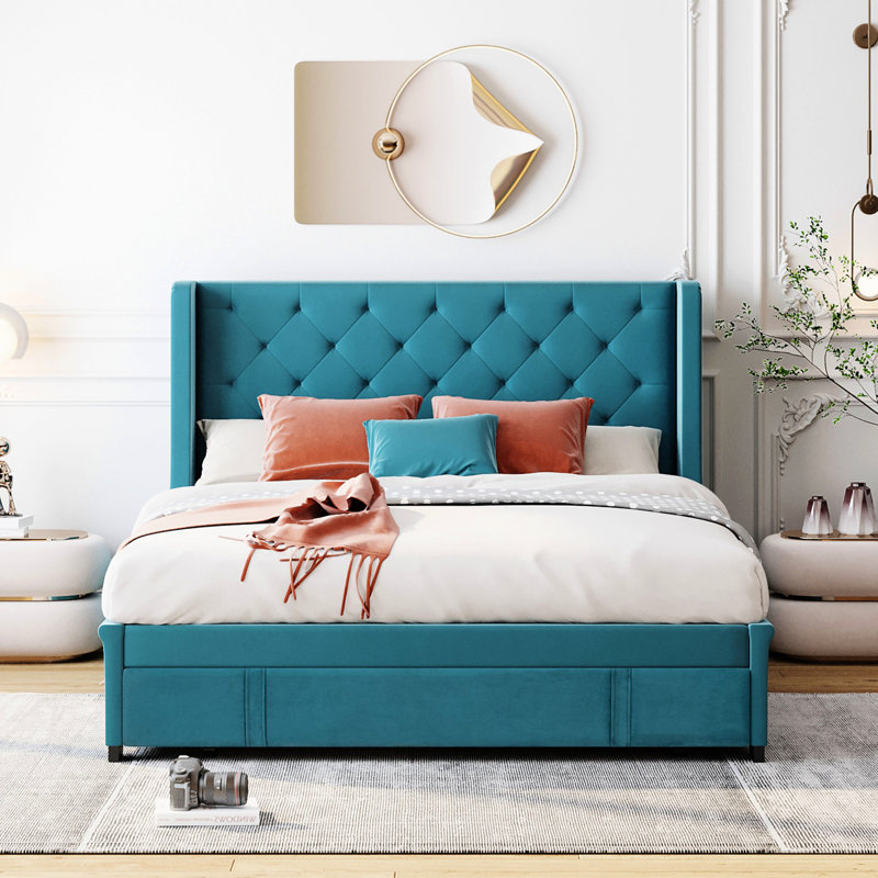 Blue Velvet Upholstered Queen Size Platform Bed With Relaxing Wingback Headboard - Solid And Construction