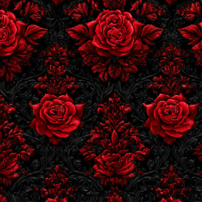 Papier peint adhésif autocollant avec roses rouges élégantes et ornementales, noir et blanc