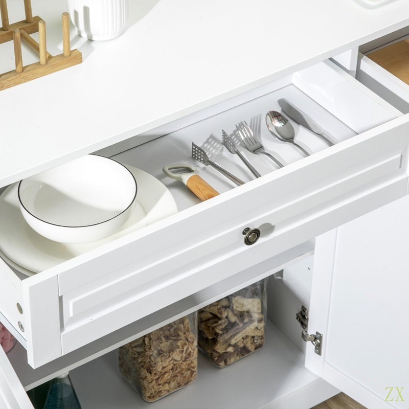 Buffet, armoire de cuisine moderne avec 2 tiroirs et tablettes réglables, Blanc