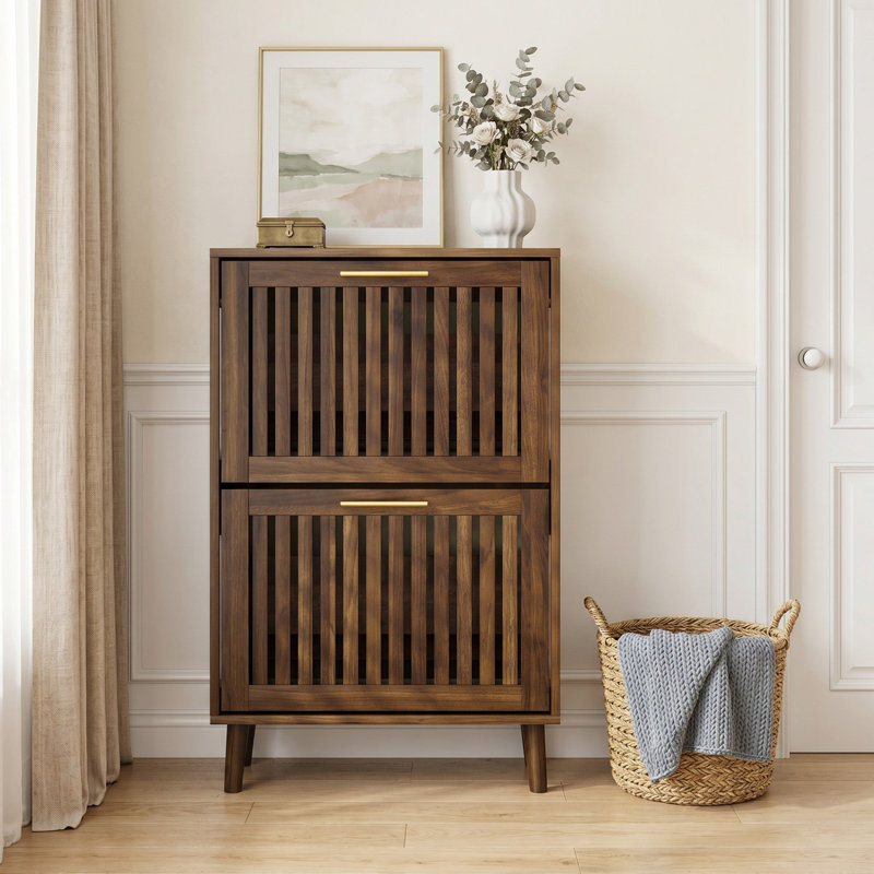 Armoire à chaussures 23,6 po en noyer, armoire de style Mid-Century moderne avec 2 tiroirs rabattables
