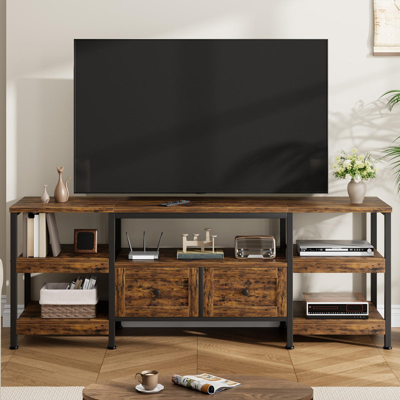 63" TV Stand for 65 Inch TVs, Industrial Entertainment Center with 2 Drawers, Open Shelves & Metal Frame, Brown
