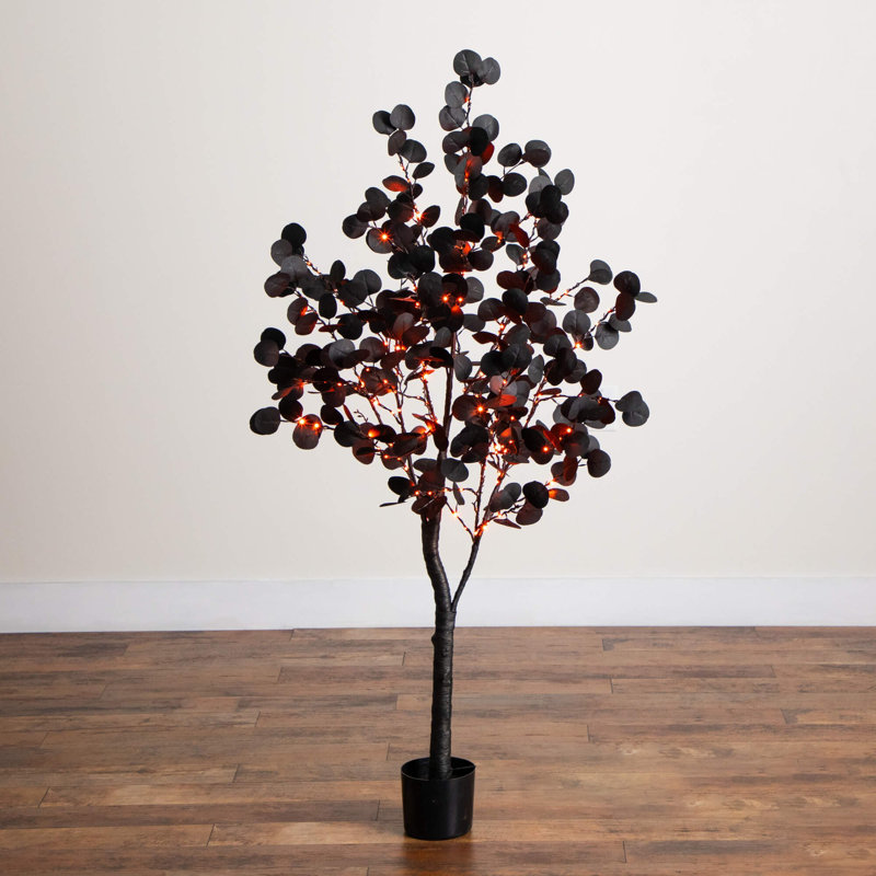 Arbre d'eucalyptus artificiel pré-éclairé noir d'Halloween avec 160 lumières DEL orange et mauves