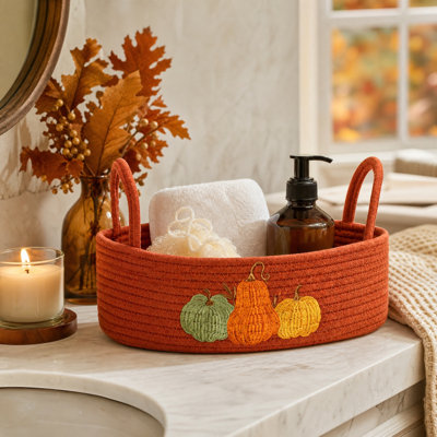 Panier de rangement brodé en corde de coton avec motif citrouille, fermeture de sac à main, boîte de rangement avec anse, panier-cadeau