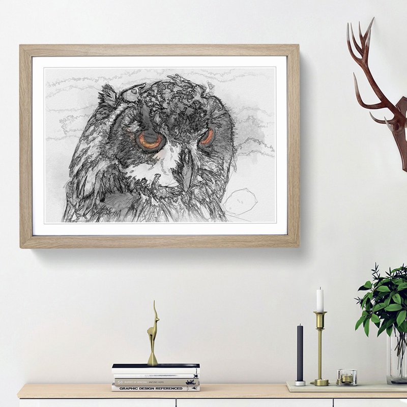 Orange Eyed Owl in Abstract - Picture Frame Graphic Art Print, 27cm H x 36cm W x 2cm D, Oak Framed