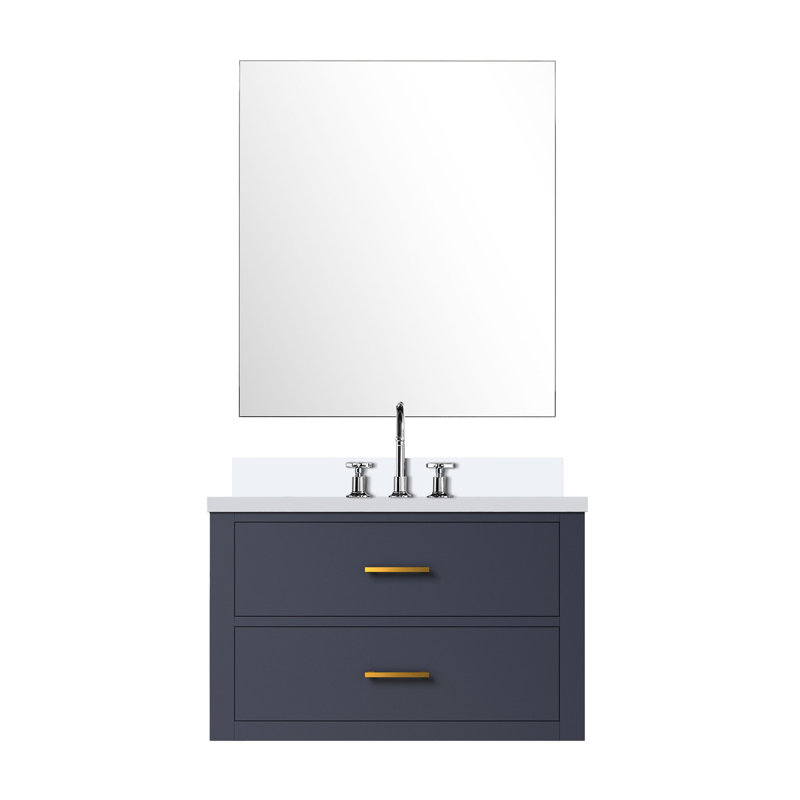 Ensemble de meuble-lavabo simple l 30 po x P 22 po, miroir 28 po et robinet chromé Castor, Bleu, Marbre de culture blanc