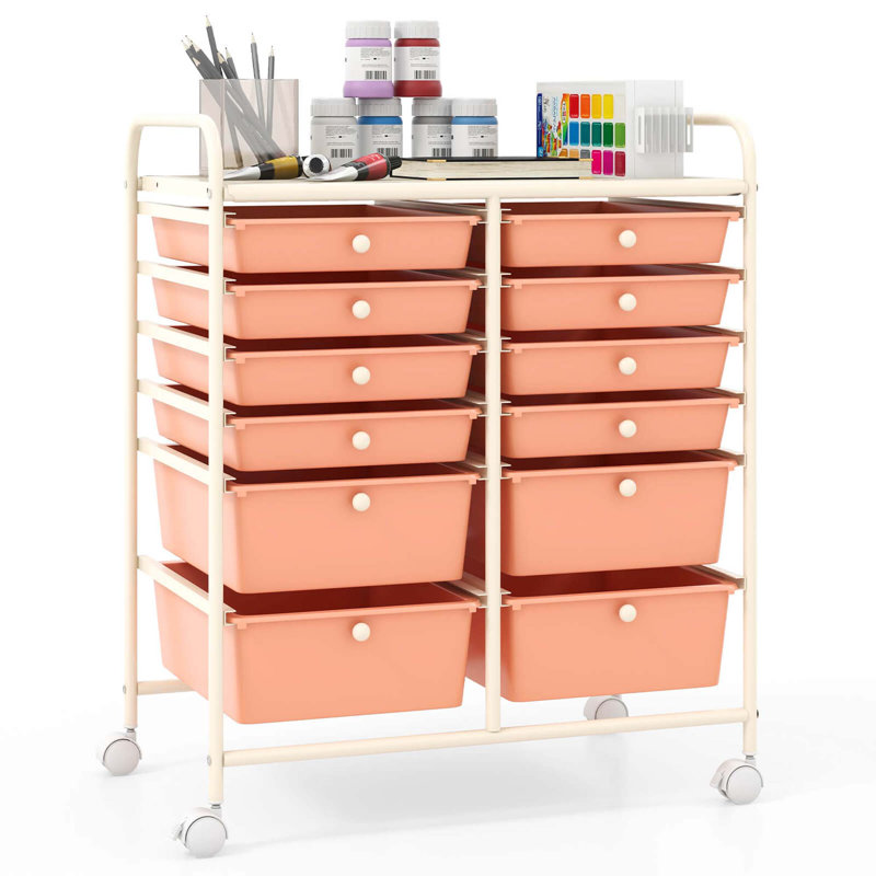 Chariot de rangement à 12 tiroirs avec 2 tiroirs en plastique , Peau rose