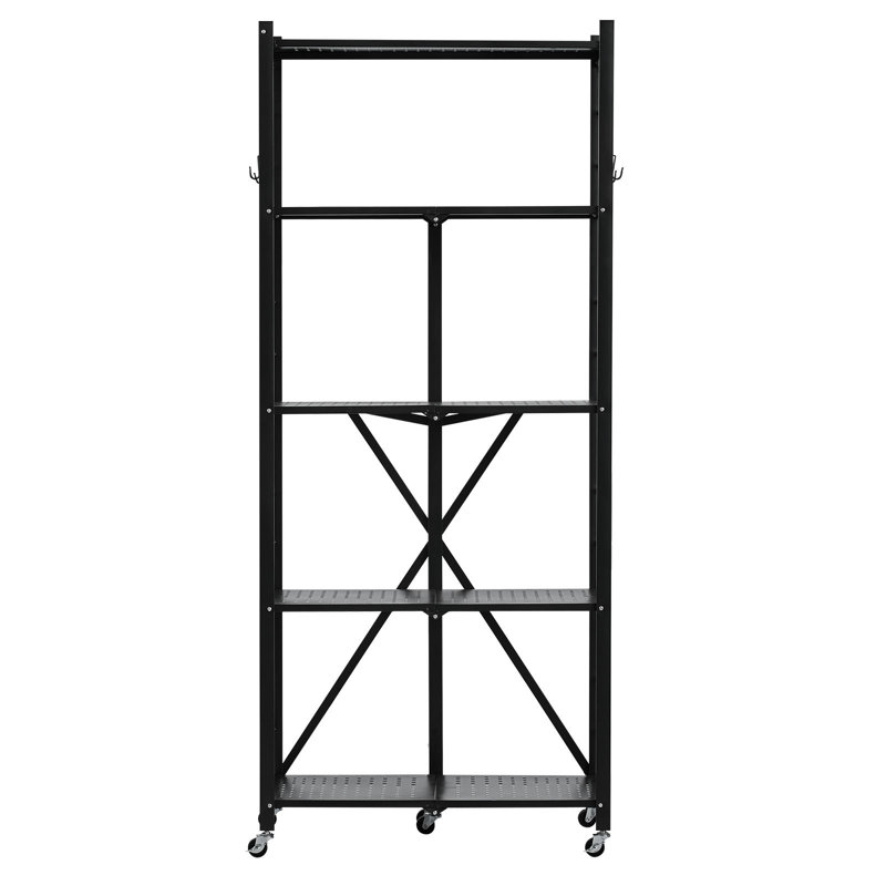 Étagère de rangement pliable à 5 niveaux, étagère pliante en métal 28 po x 13 po x H 66 po, étagère de rangement sans assemblage avec 5 roues et 4 crochets pour garde-manger, cuisine, garage, sous-sol, noir