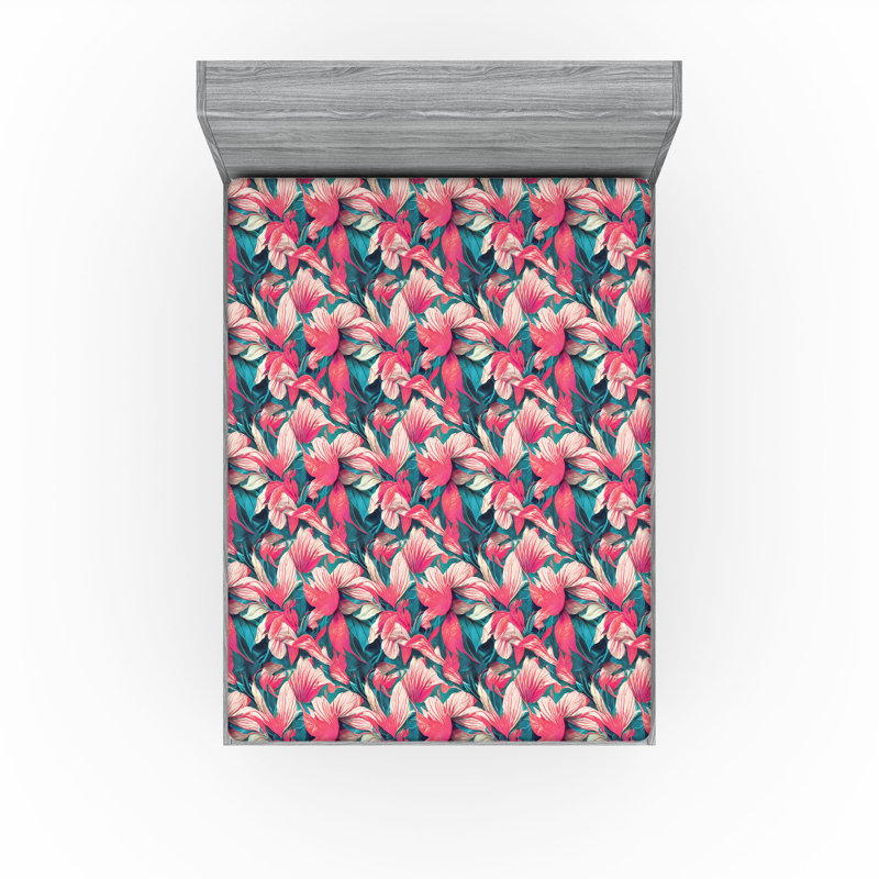 Drap-housse Ambesonne, Vert fougère / motif floral rose pâle, Drap-housse de taille très grand