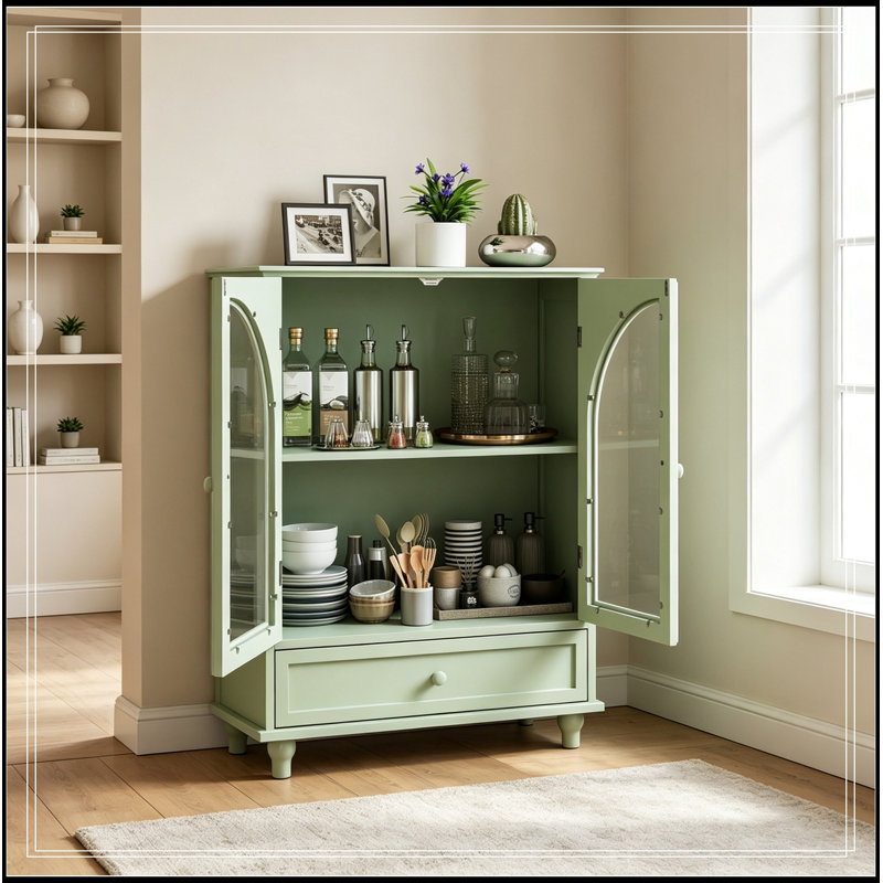 Armoire de rangement arquée avec porte en verre et 1 tiroir, Vert