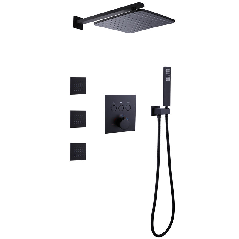 Solid Brass Thermostatic Shower System with 3 Body Sprays Jets and Handhel Shower (Valve Included), Matte Black